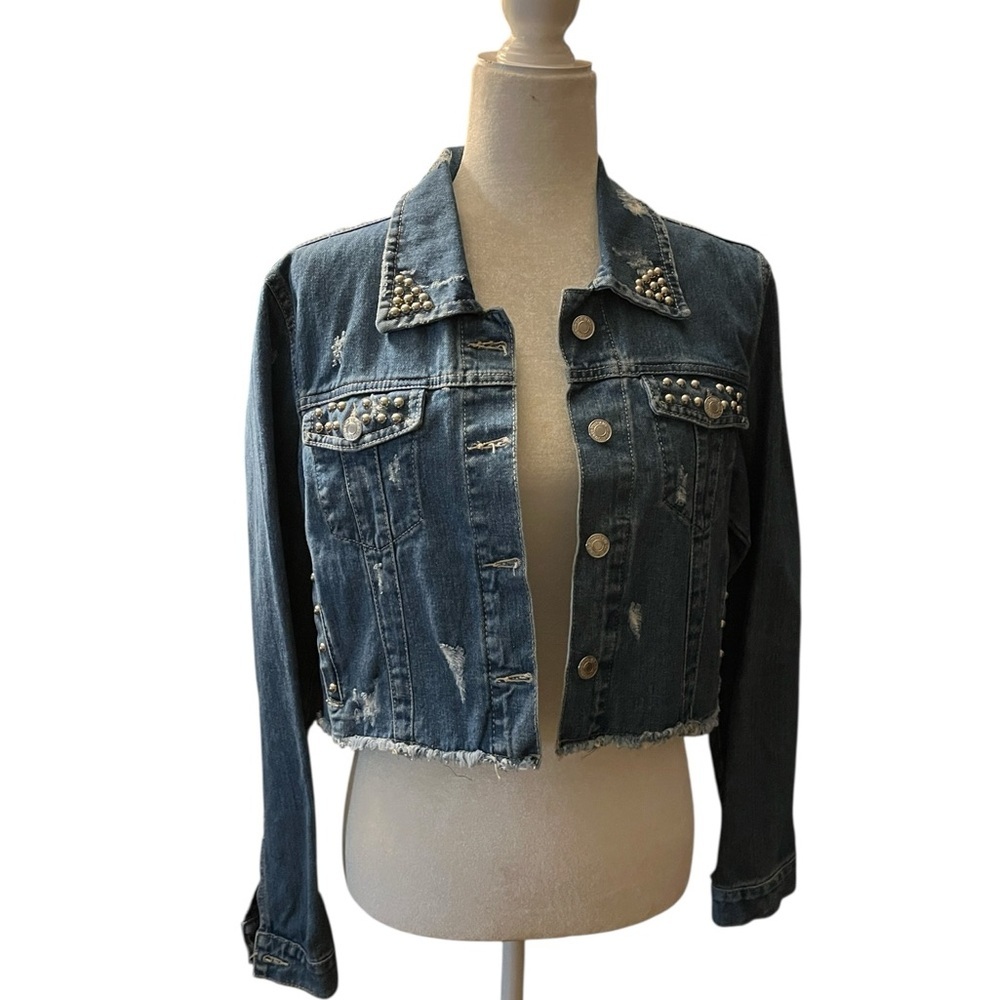 NWT  Z Chick  Distressed Embellished Cropped Jean Jacket Size Large